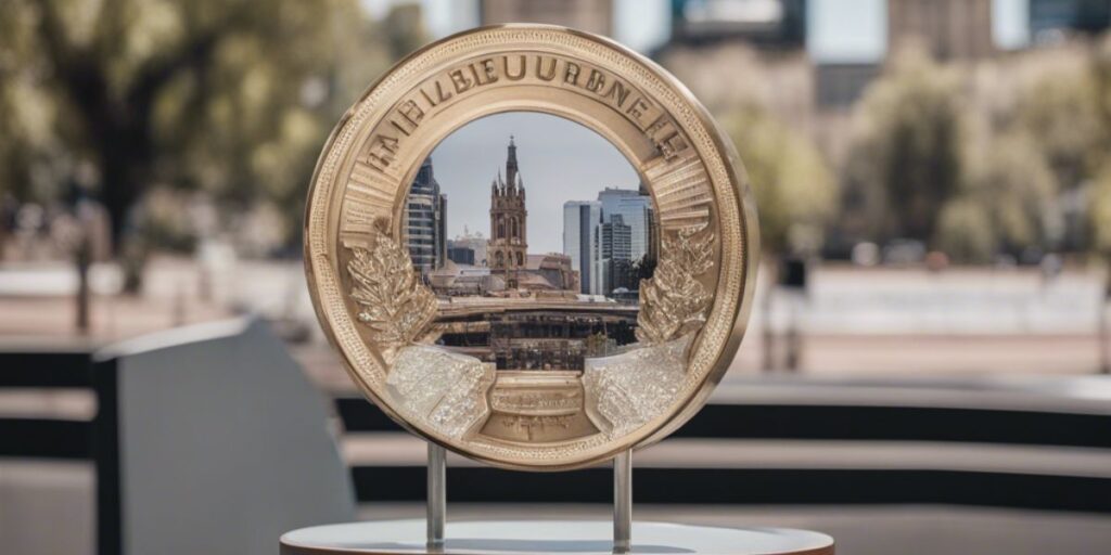 Giant coin sculpture with cityscape through center, outdoors.